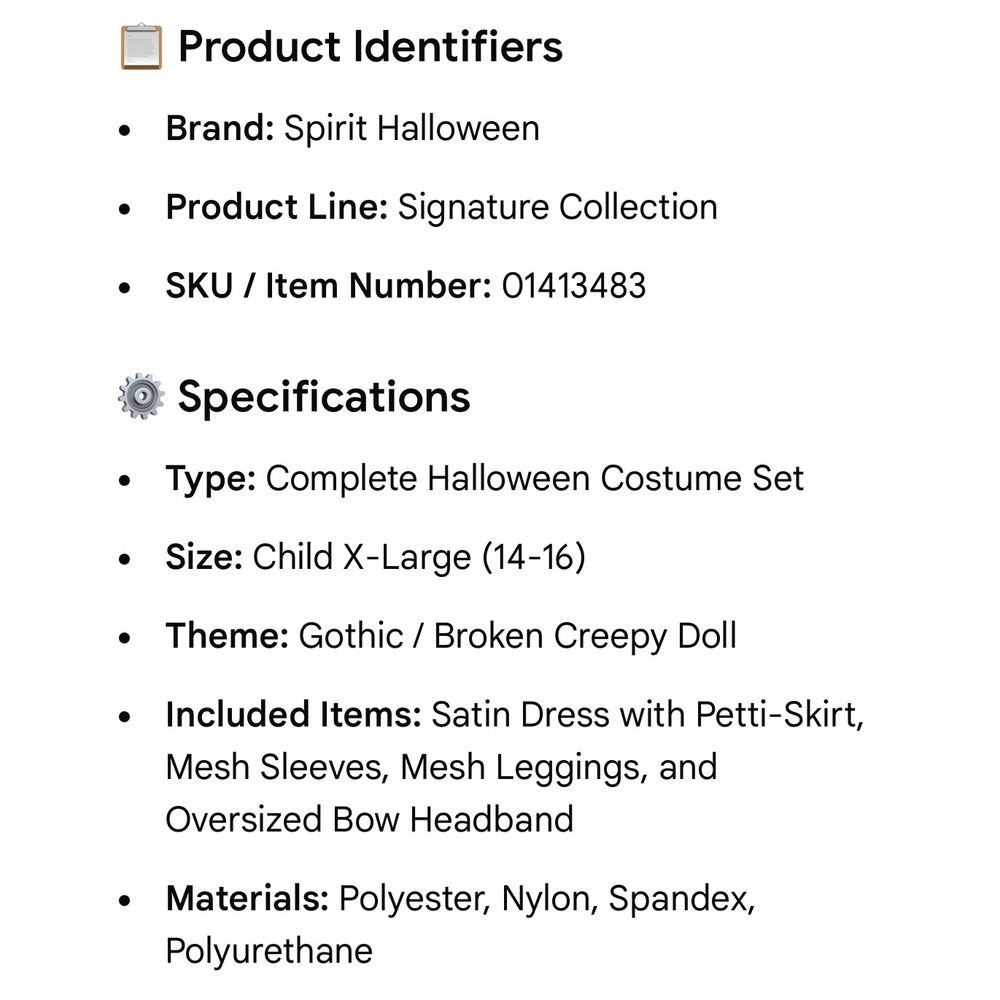Spirit Halloween Broken Doll Costume Signature Collection Kids Large 12-14 Black - Picture 2 of 8